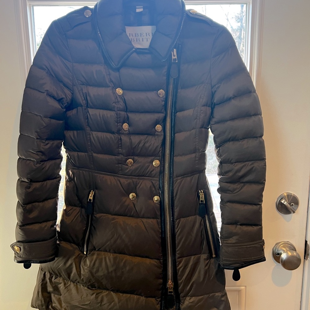 Burberry Brit olive puffer pea coat with black leather trim - needs repair/love!